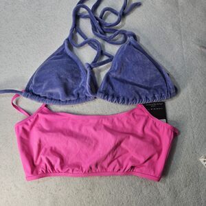 ICON SWIMWEAR Sz S Purple Terry Triangle Bikini Top & NWT Hot Pink Bandeau Top
